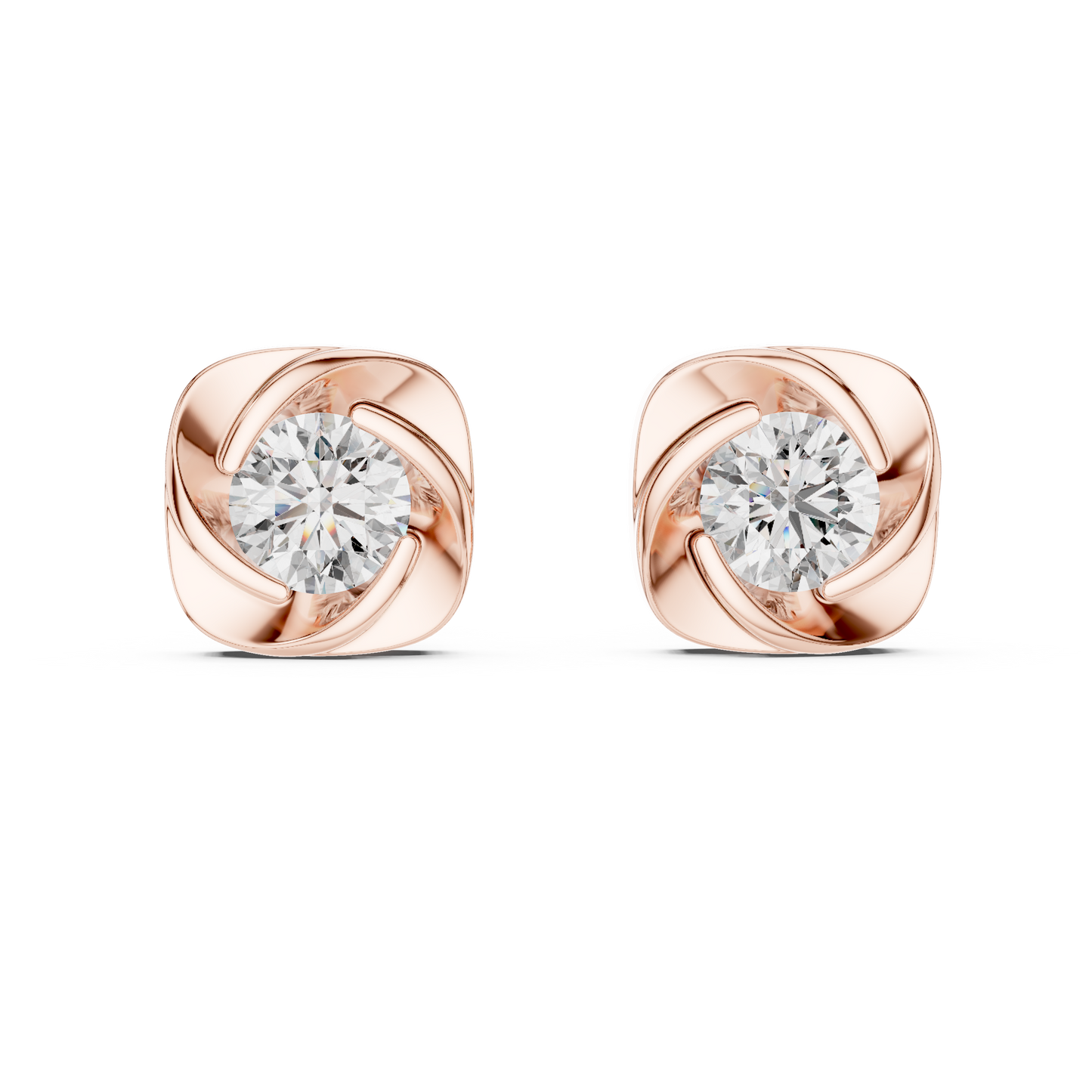 Elegant Round Cut Diamonds Solitaire Earrings Set In Sculptural Gold