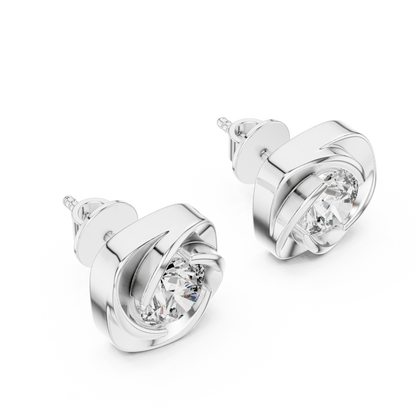Elegant Round Cut Diamonds Solitaire Earrings Set In Sculptural Gold