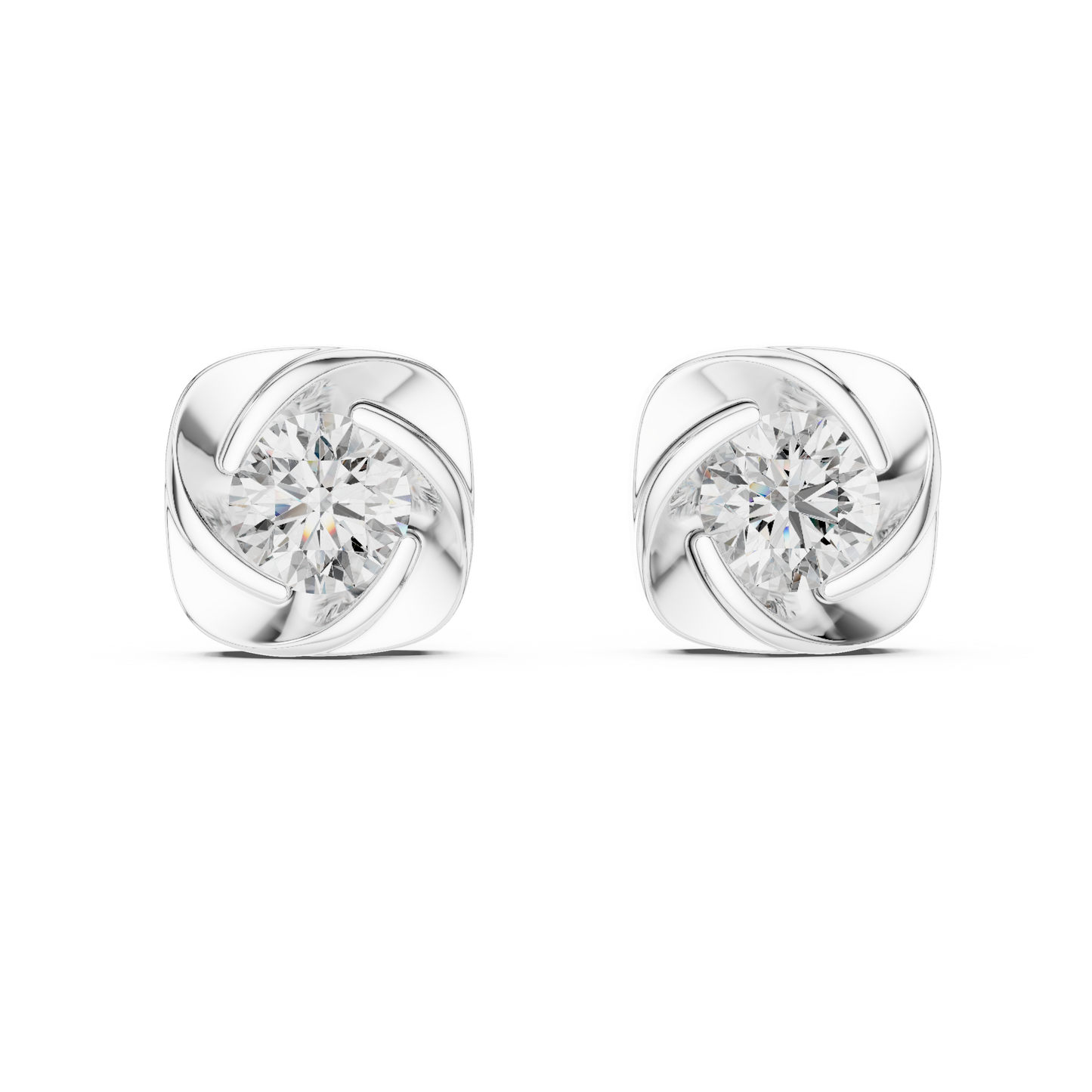 Elegant Round Cut Diamonds Solitaire Earrings Set In Sculptural Gold