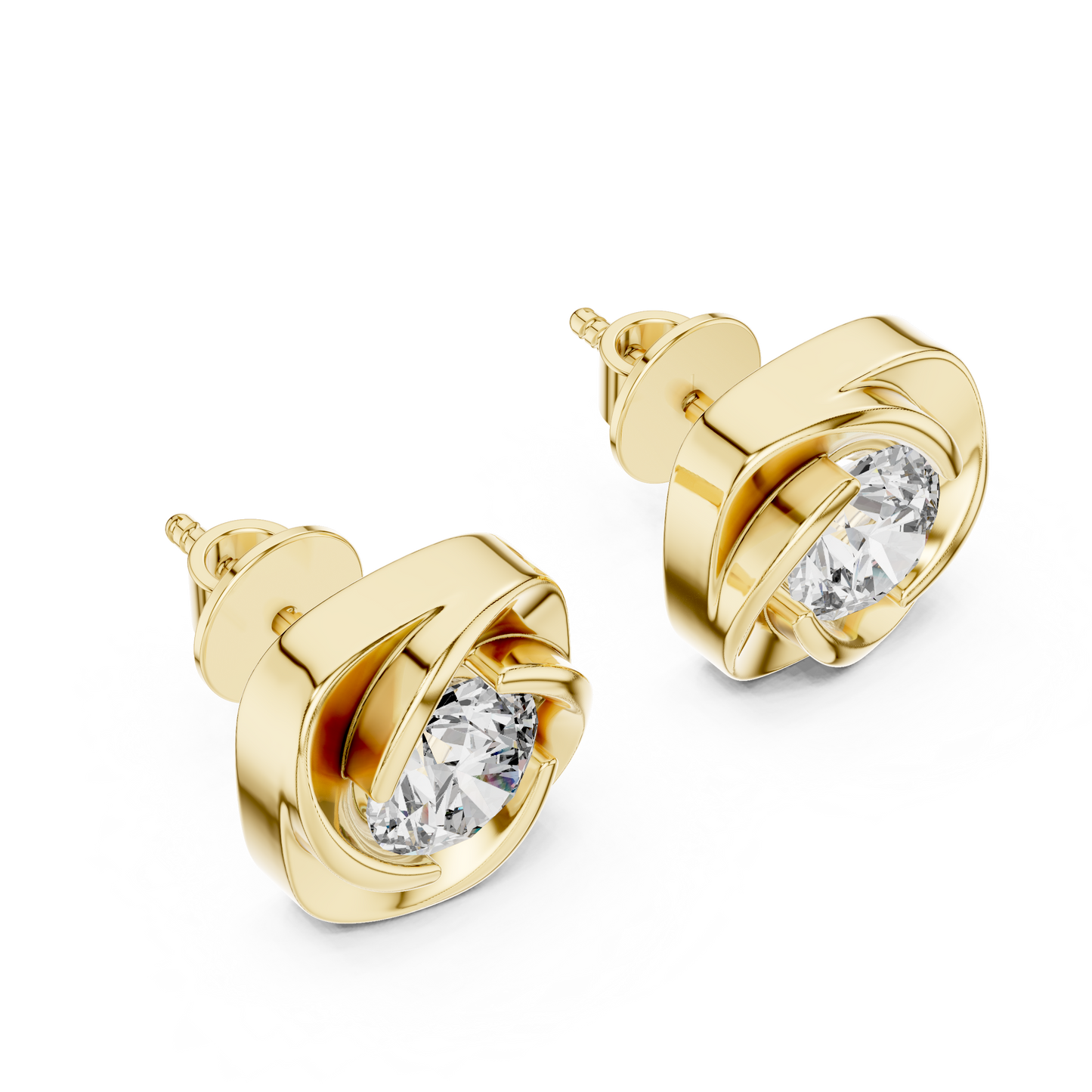 Elegant Round Cut Diamonds Solitaire Earrings Set In Sculptural Gold