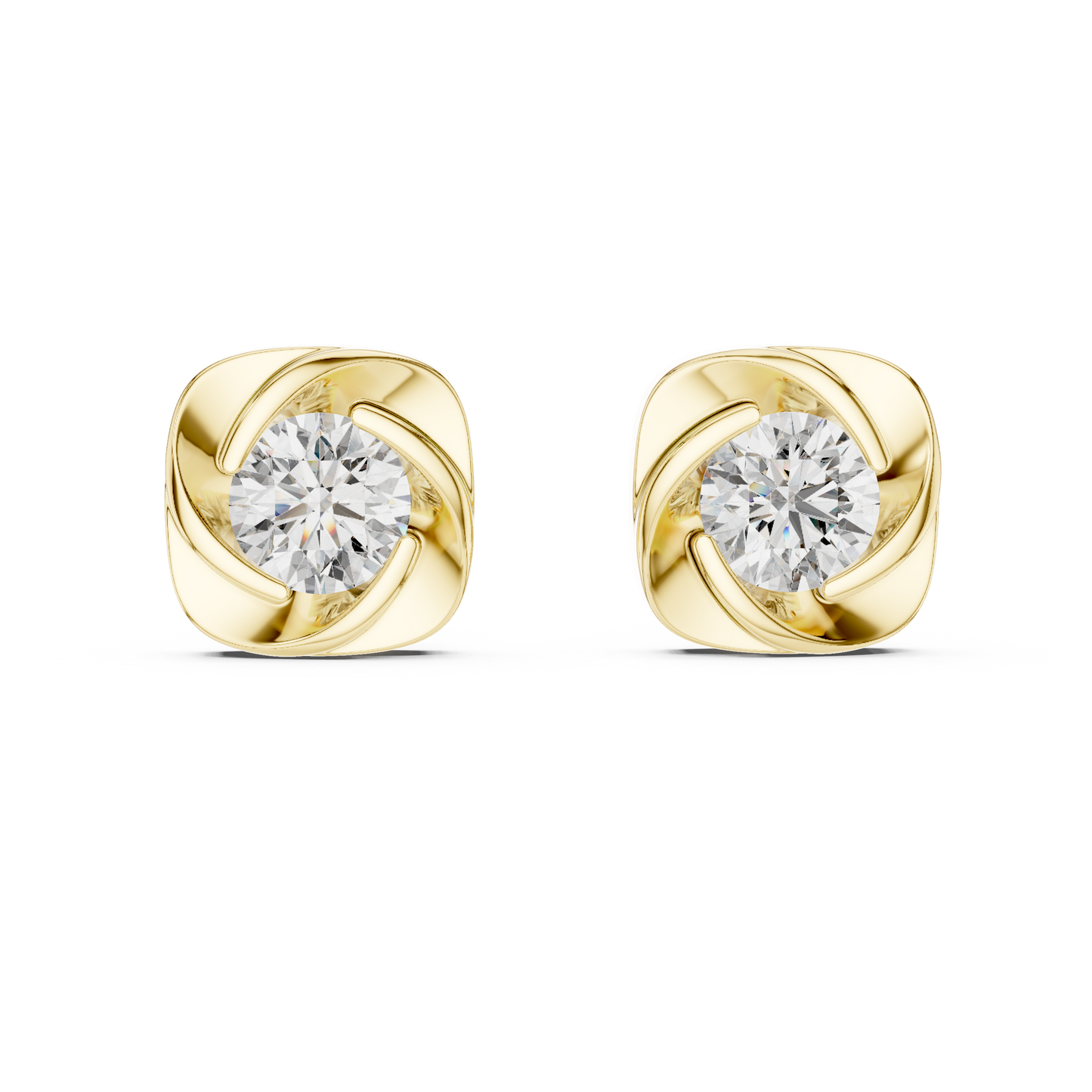 Elegant Round Cut Diamonds Solitaire Earrings Set In Sculptural Gold