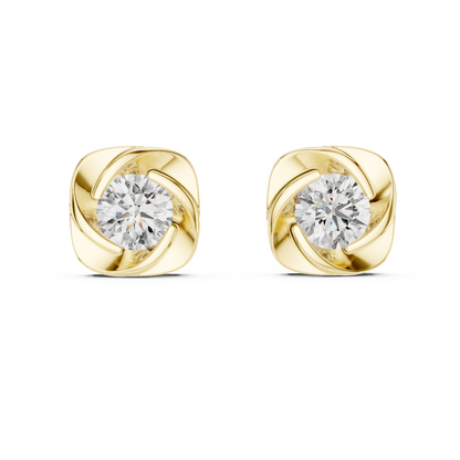 Elegant Round Cut Diamonds Solitaire Earrings Set In Sculptural Gold