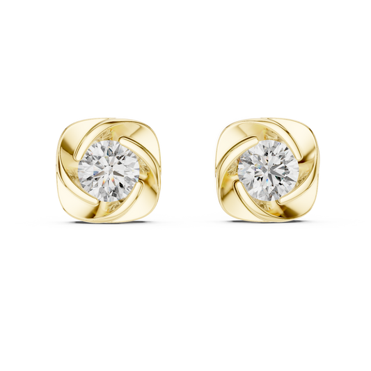 Elegant Round Cut Diamonds Solitaire Earrings Set In Sculptural Gold
