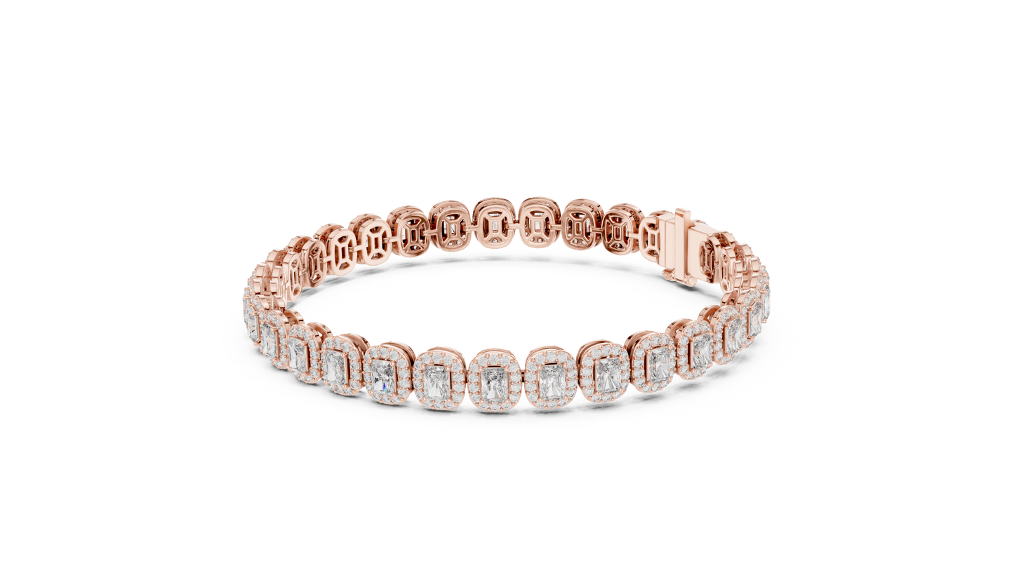 Luxury Lab-Grown Emerald Cut Diamond Halo Cluster Bracelet in 14K Yellow Gold