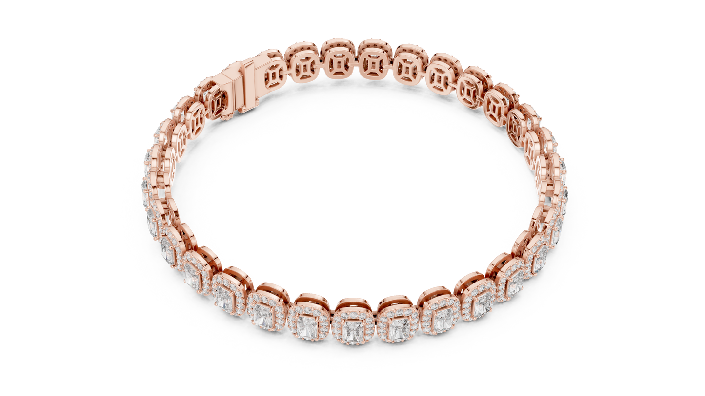 Luxury Lab-Grown Emerald Cut Diamond Halo Cluster Bracelet in 14K Yellow Gold