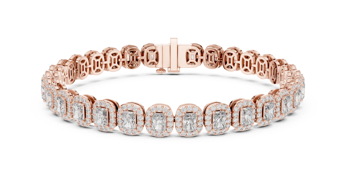 Luxury Lab-Grown Emerald Cut Diamond Halo Cluster Bracelet in 14K Yellow Gold