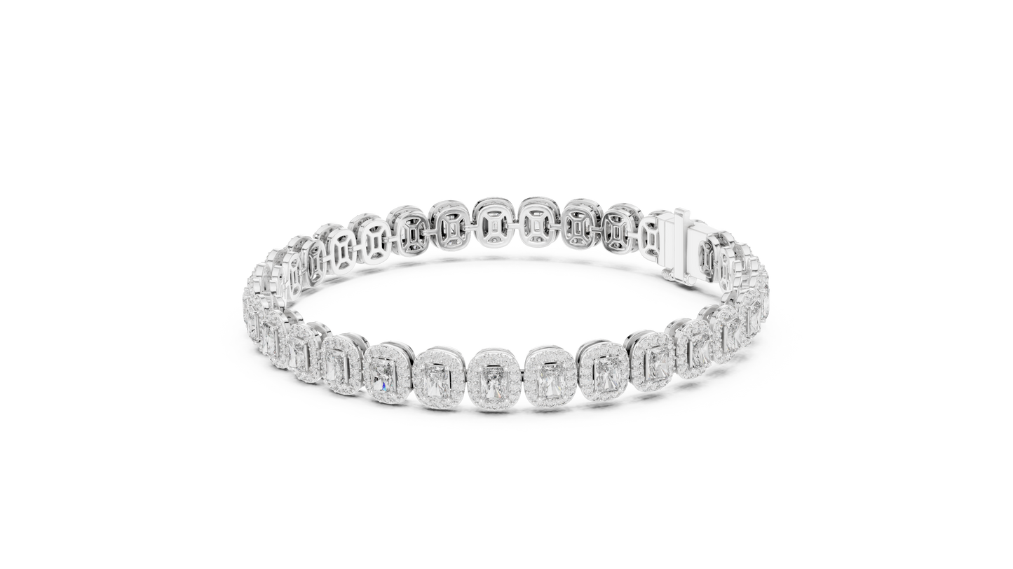 Luxury Lab-Grown Emerald Cut Diamond Halo Cluster Bracelet in 14K Yellow Gold