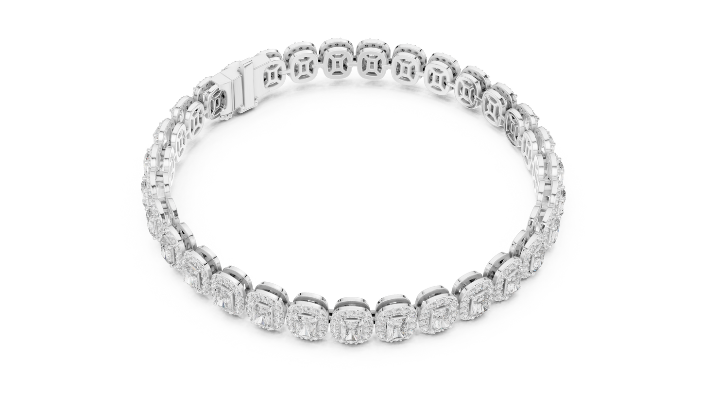 Luxury Lab-Grown Emerald Cut Diamond Halo Cluster Bracelet in 14K Yellow Gold