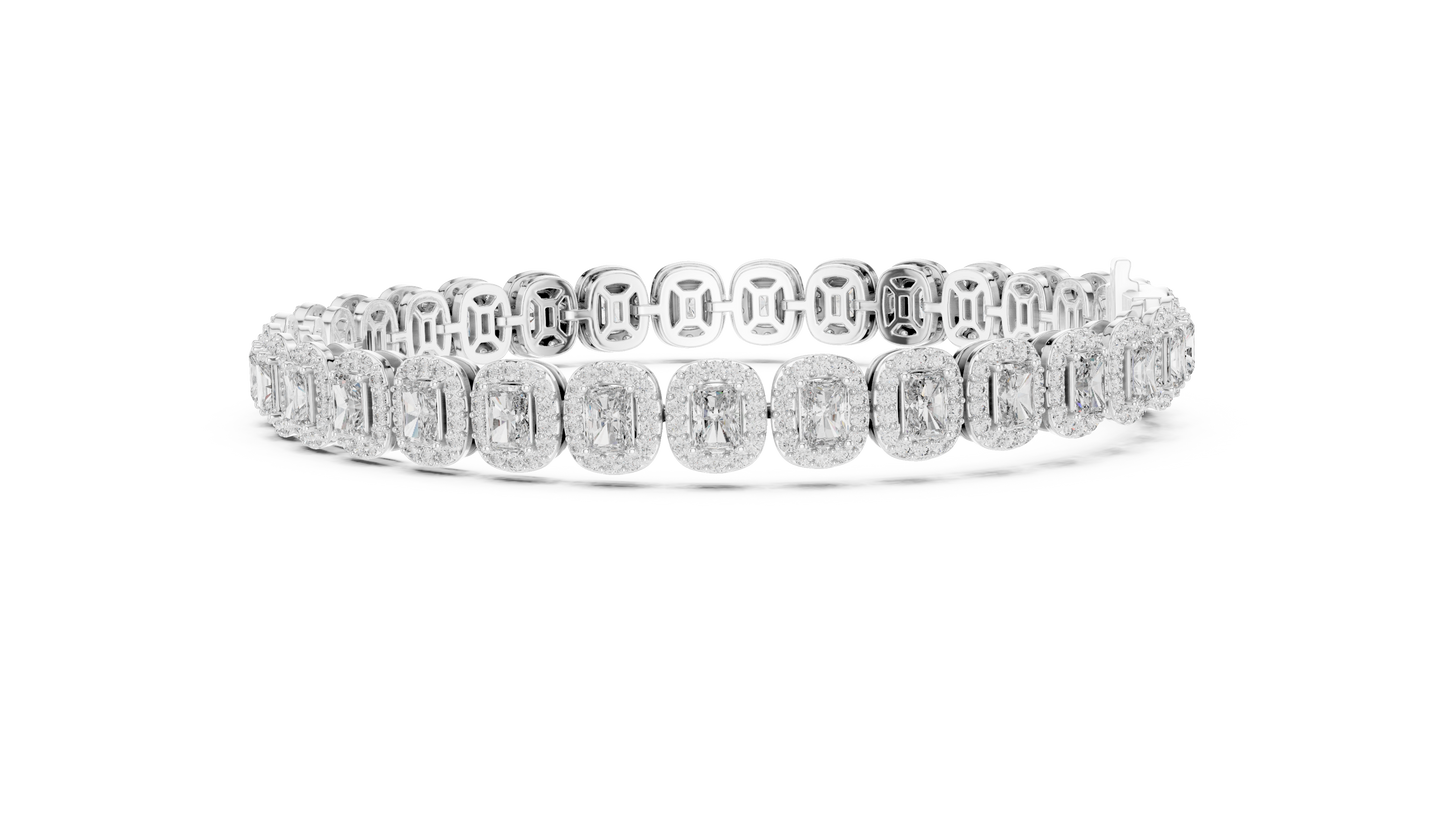 Luxury Lab-Grown Emerald Cut Diamond Halo Cluster Bracelet in 14K Yellow Gold