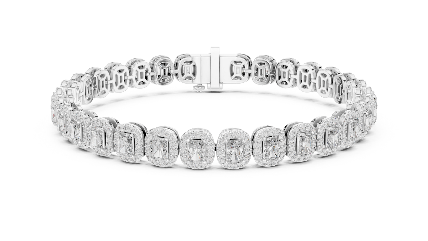 Luxury Lab-Grown Emerald Cut Diamond Halo Cluster Bracelet in 14K Yellow Gold