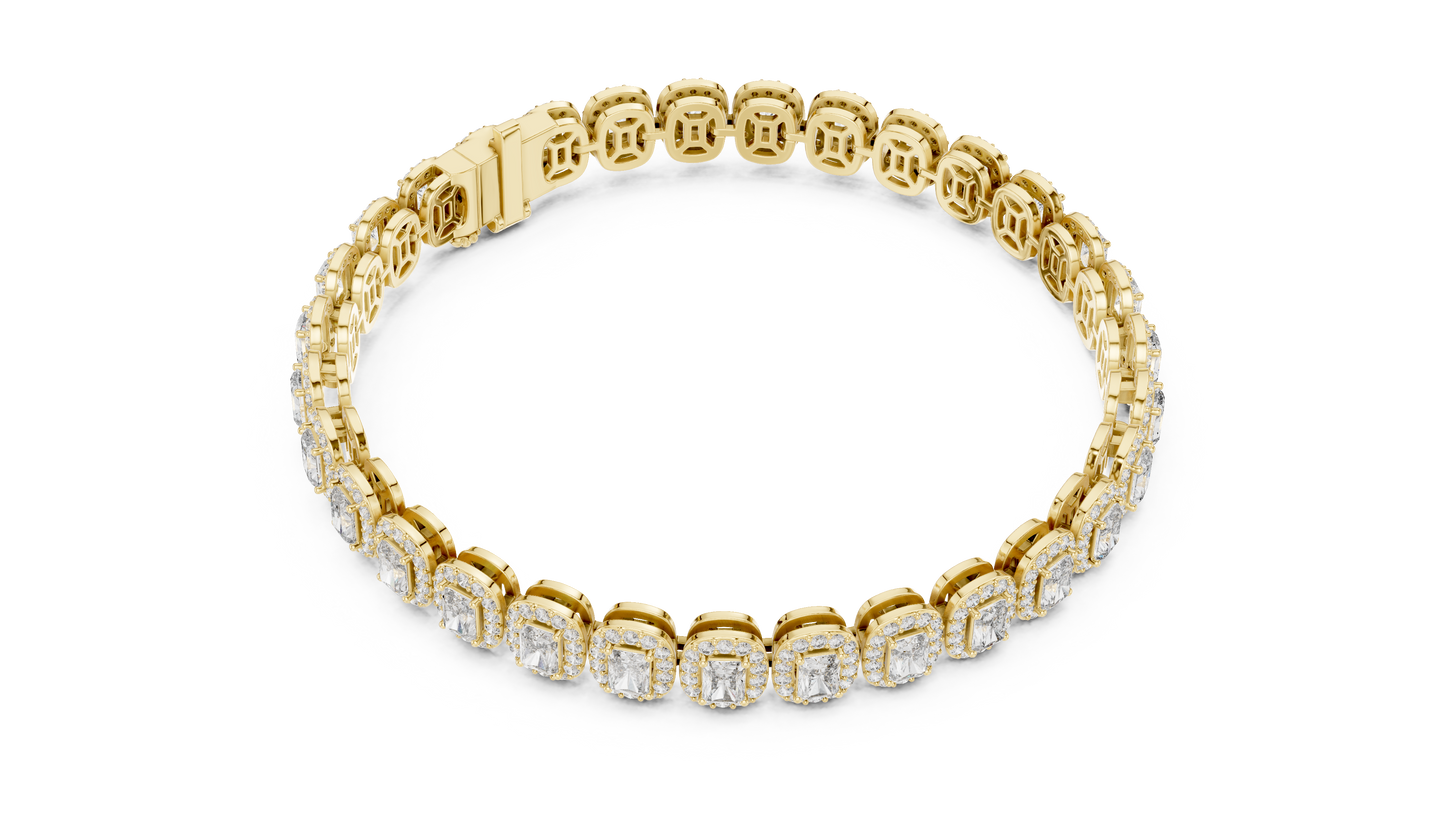Luxury Lab-Grown Emerald Cut Diamond Halo Cluster Bracelet in 14K Yellow Gold