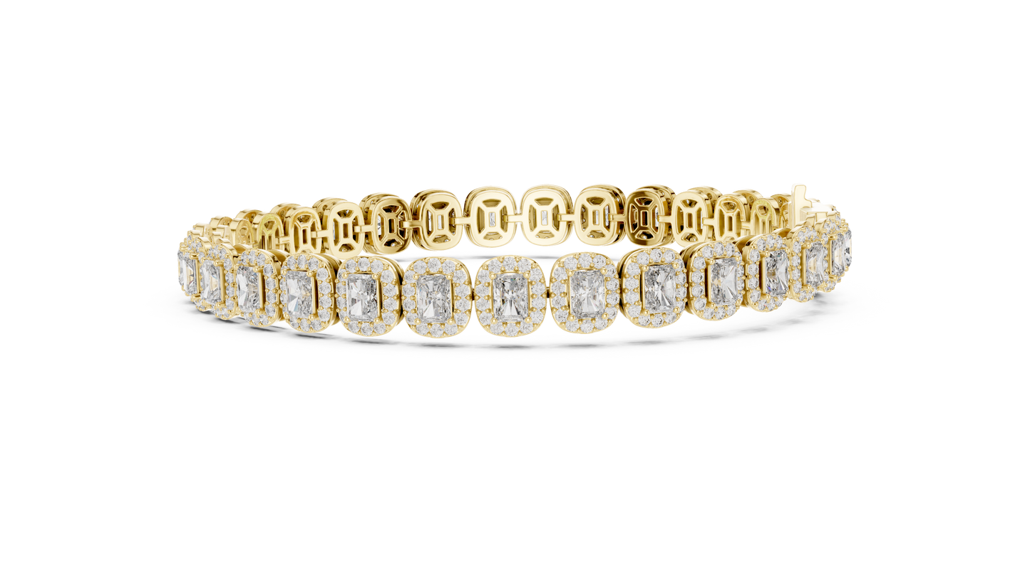 Luxury Lab-Grown Emerald Cut Diamond Halo Cluster Bracelet in 14K Yellow Gold