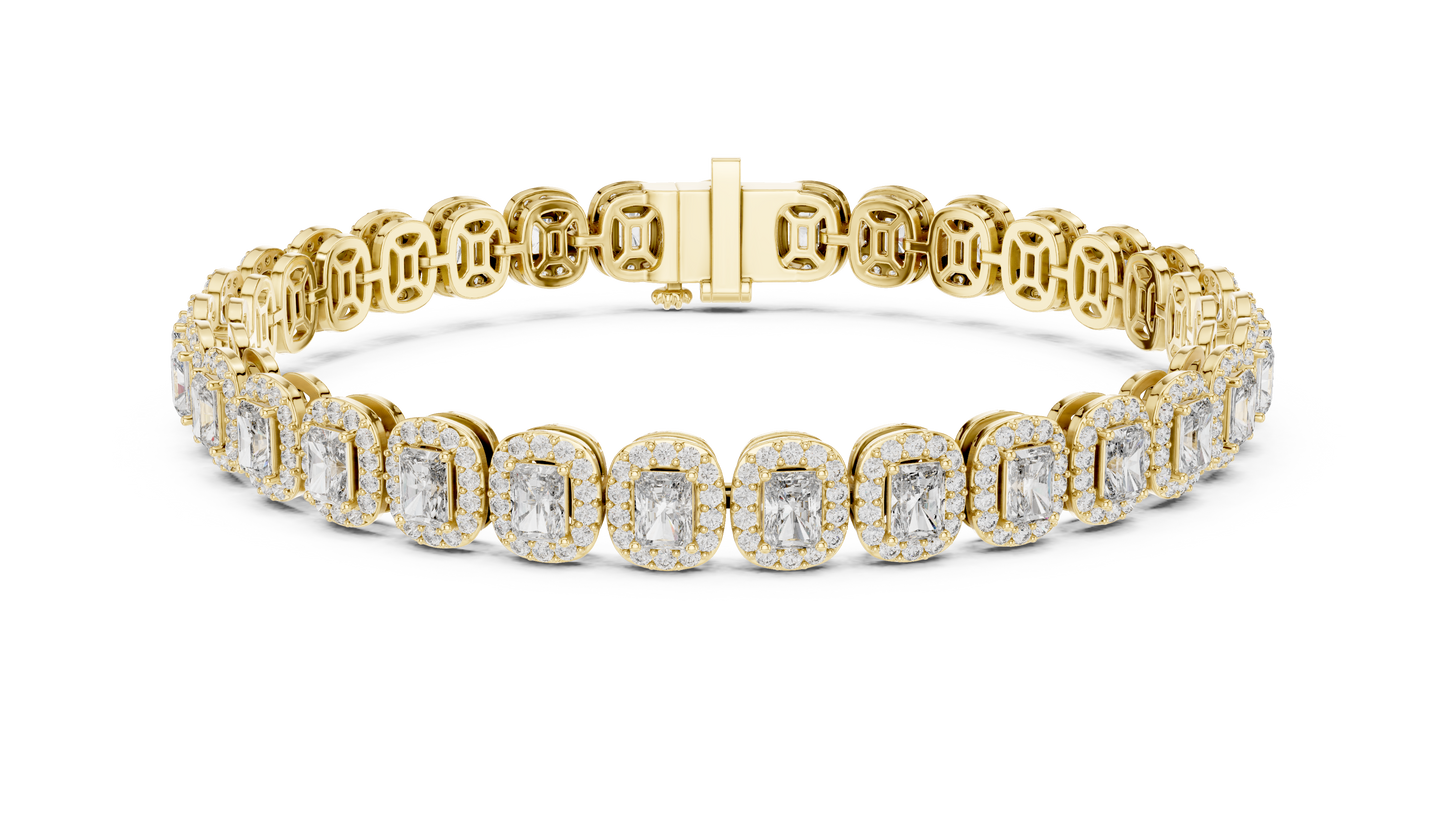 Luxury Lab-Grown Emerald Cut Diamond Halo Cluster Bracelet in 14K Yellow Gold
