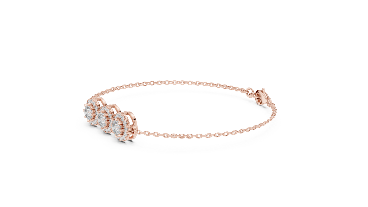 14K Rose Gold Triple Halo Round Diamond Chain Bracelet for Women