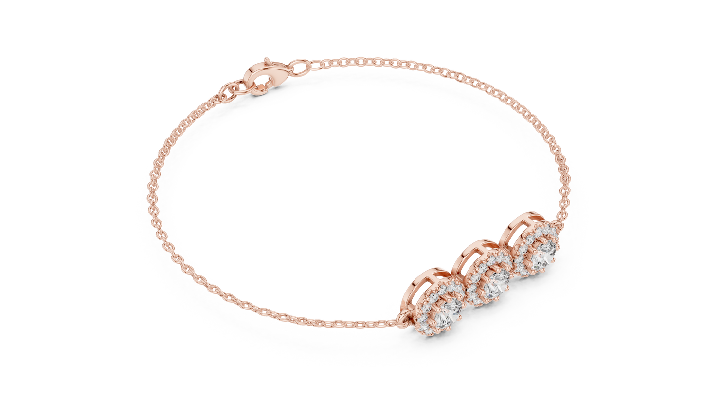 14K Rose Gold Triple Halo Round Diamond Chain Bracelet for Women
