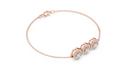 14K Rose Gold Triple Halo Round Diamond Chain Bracelet for Women