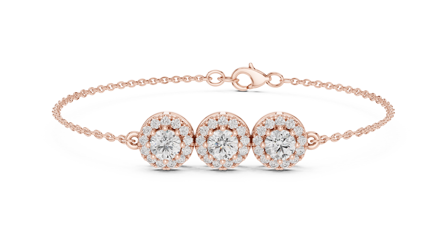 14K Rose Gold Triple Halo Round Diamond Chain Bracelet for Women