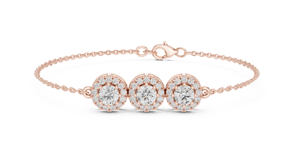 14K Rose Gold Triple Halo Round Diamond Chain Bracelet for Women