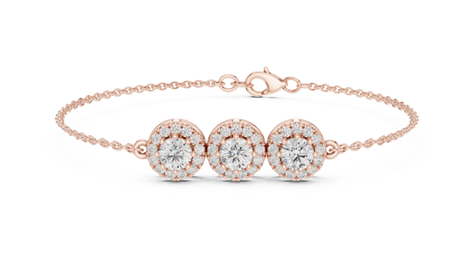 14K Rose Gold Triple Halo Round Diamond Chain Bracelet for Women