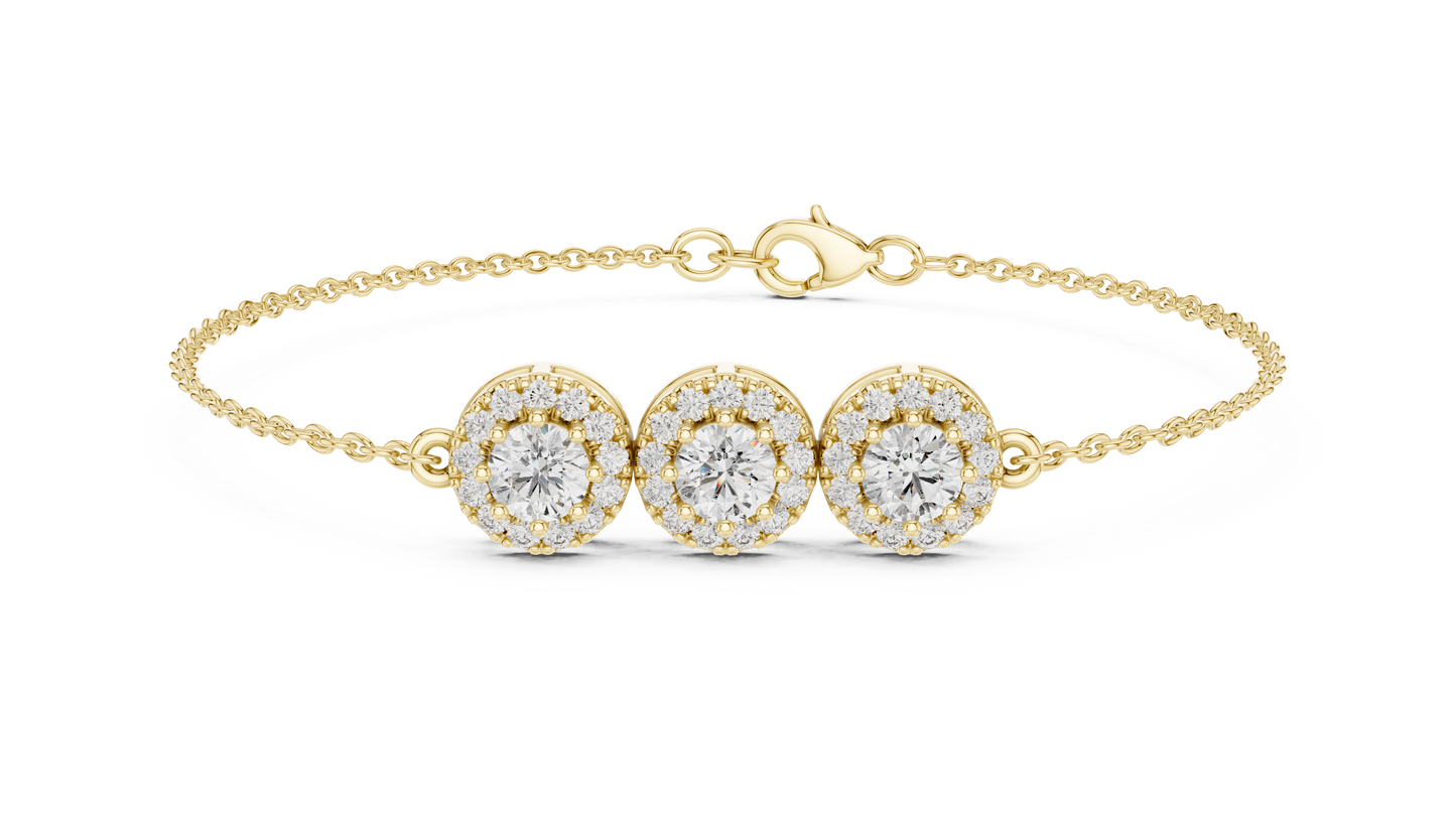 14K Rose Gold Triple Halo Round Diamond Chain Bracelet for Women