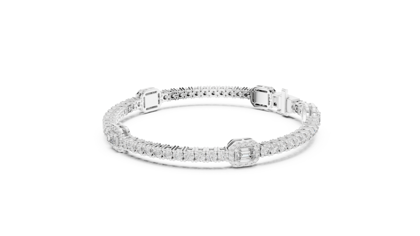 14K White Gold Emerald Cut Diamond Cluster Bracelet | Halo Tennis Bracelet