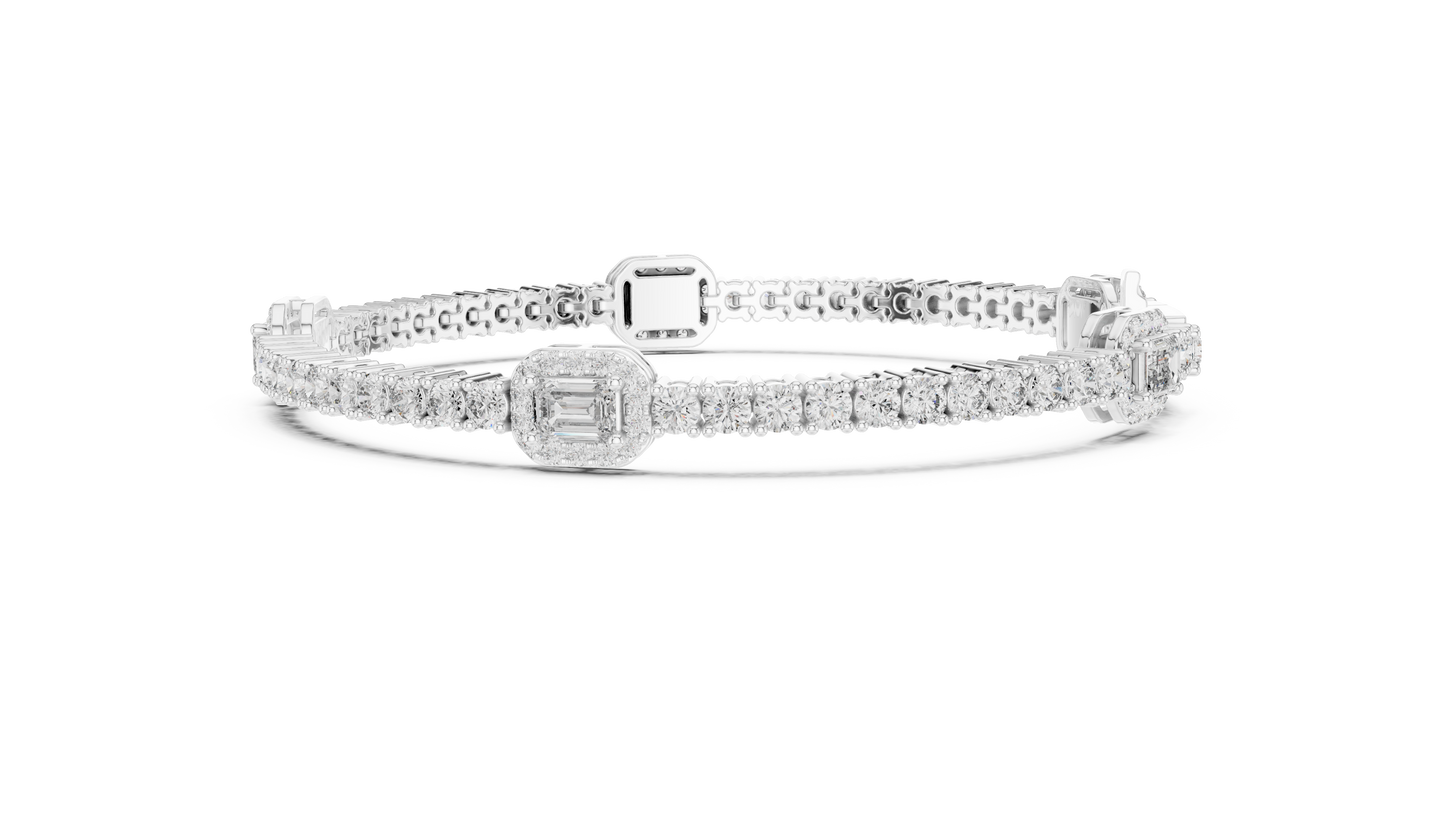 14K White Gold Emerald Cut Diamond Cluster Bracelet | Halo Tennis Bracelet