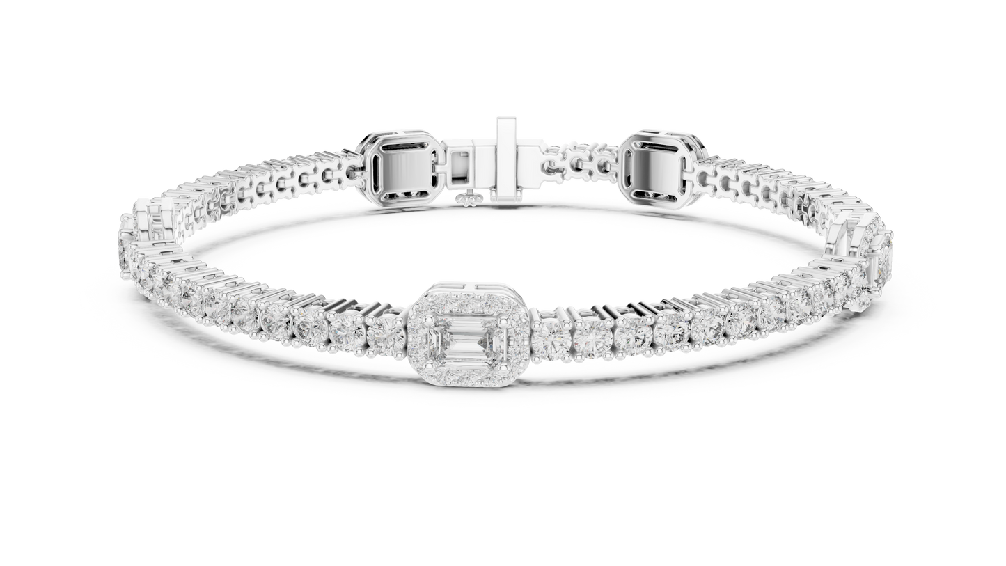 14K White Gold Emerald Cut Diamond Cluster Bracelet | Halo Tennis Bracelet