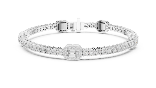 14K White Gold Emerald Cut Diamond Cluster Bracelet | Halo Tennis Bracelet
