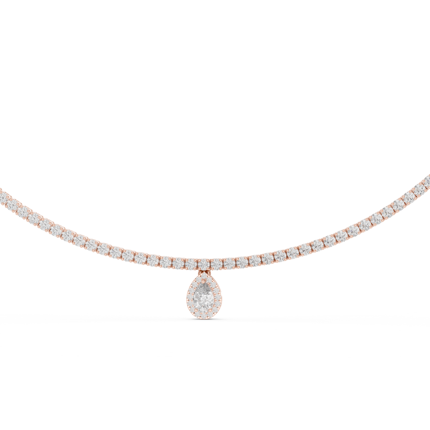 Luxury Lab Grown Diamond Tennis Necklace with Pear Halo Drop Pendant in Rose Gold