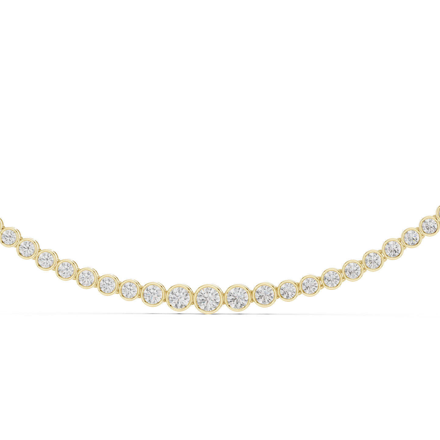 Luxury Graduated Lab Grown Diamond Tennis Necklace in Yellow Gold | Round Bezel Set Diamond Necklace