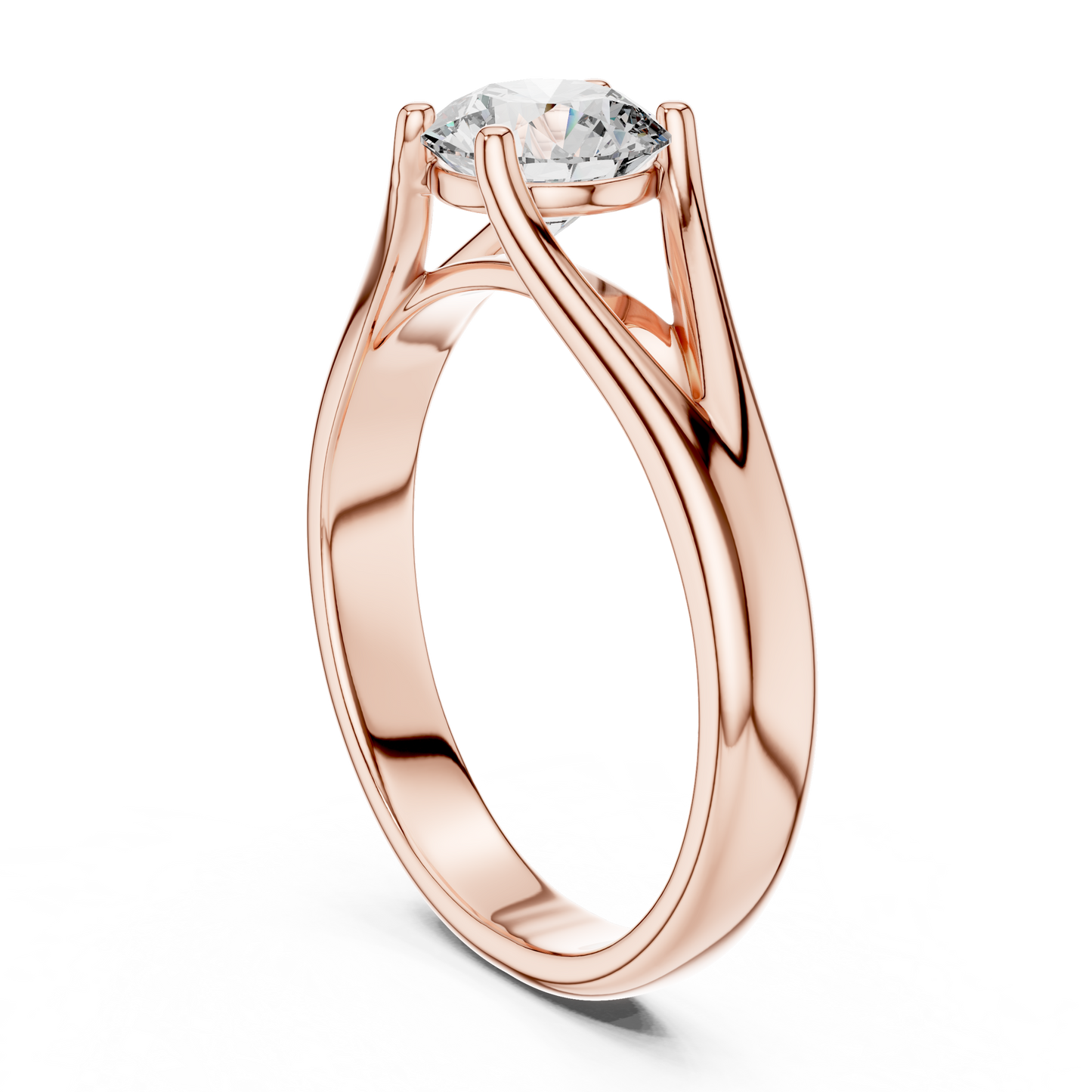 Round cut lab grown diamond solitaire engagement ring in rose gold with modern split cathedral setting