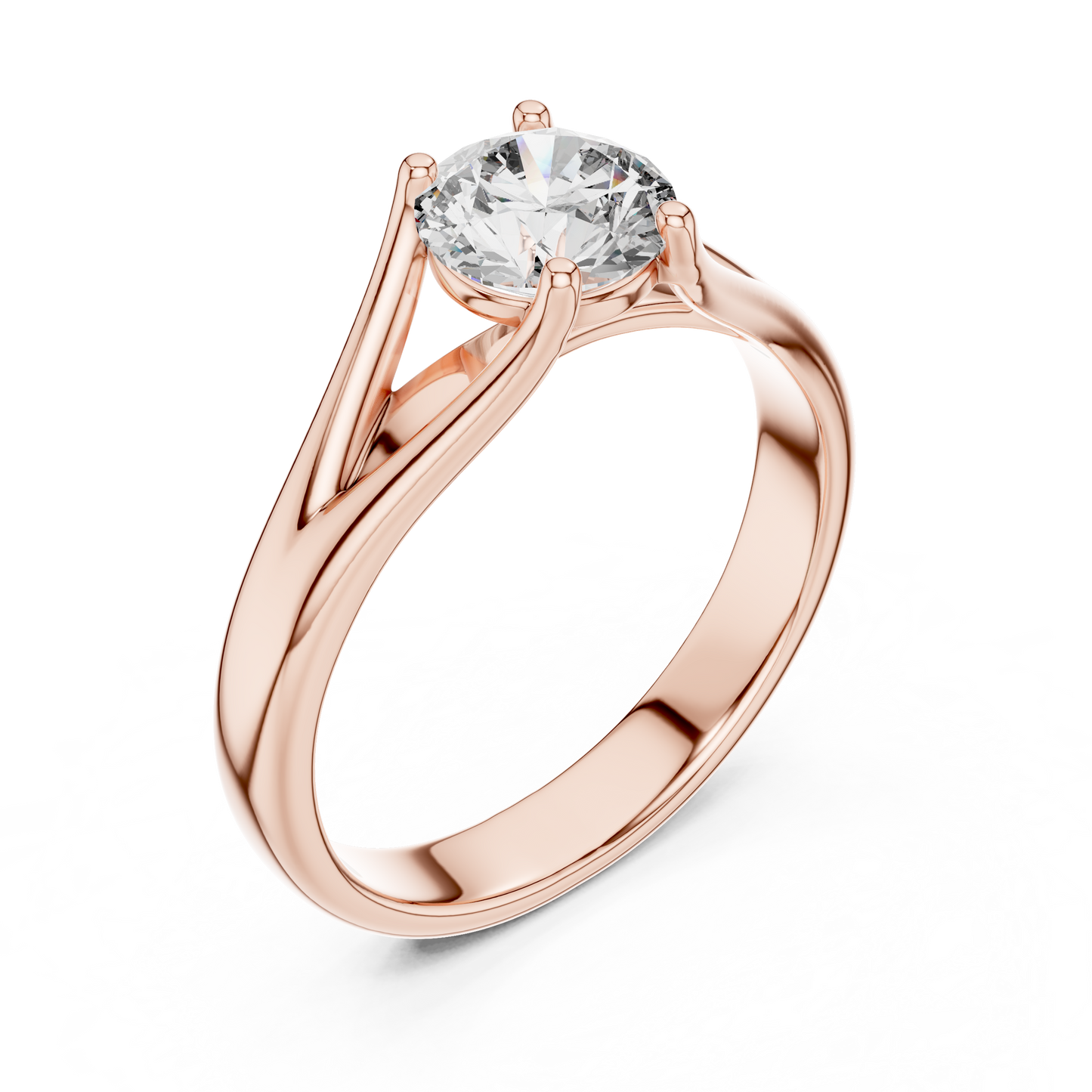 Round cut lab grown diamond solitaire engagement ring in rose gold with modern split cathedral setting