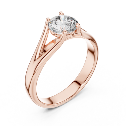 Round cut lab grown diamond solitaire engagement ring in rose gold with modern split cathedral setting