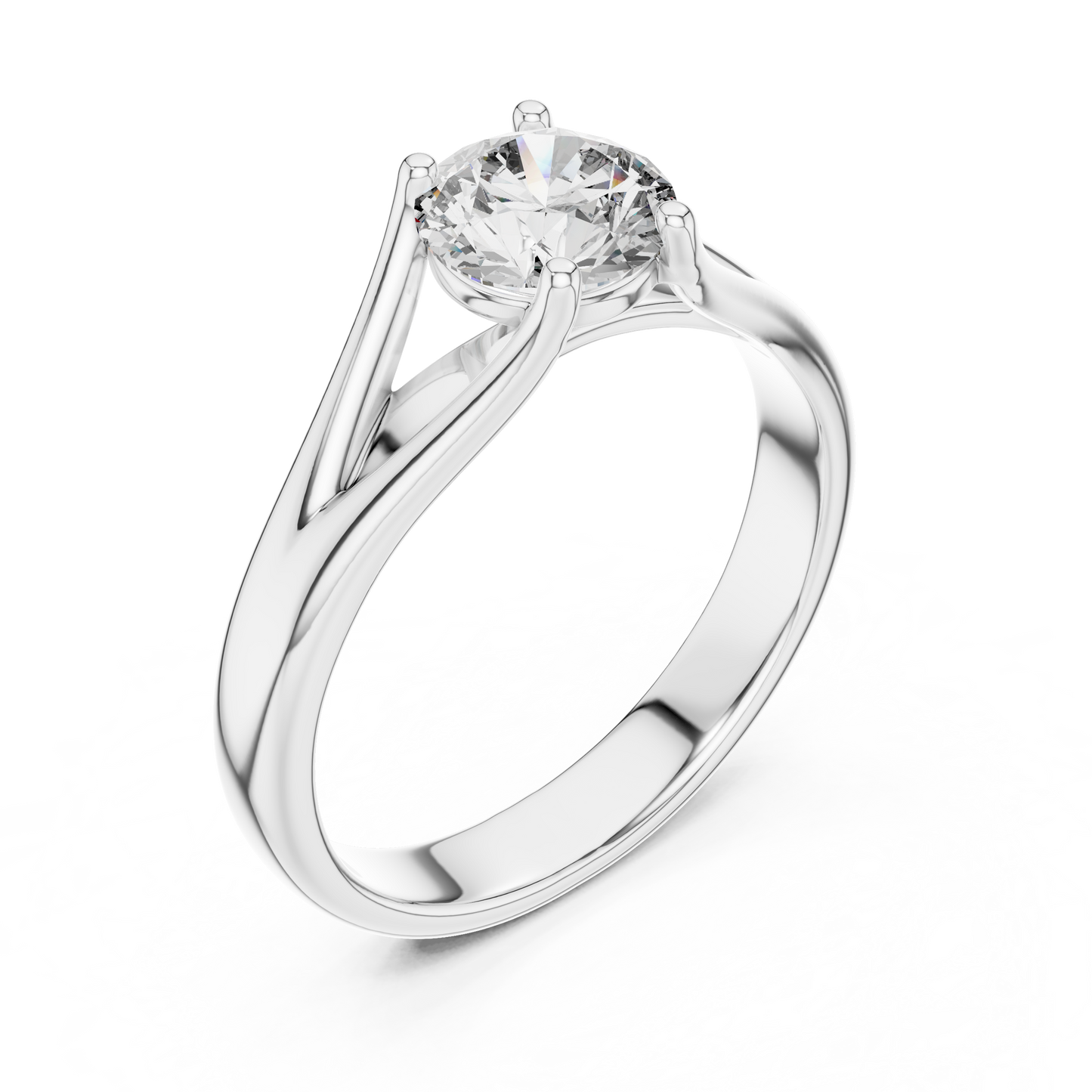 Round cut lab grown diamond solitaire engagement ring in rose gold with modern split cathedral setting