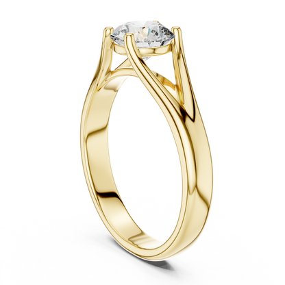 Round cut lab grown diamond solitaire engagement ring in rose gold with modern split cathedral setting