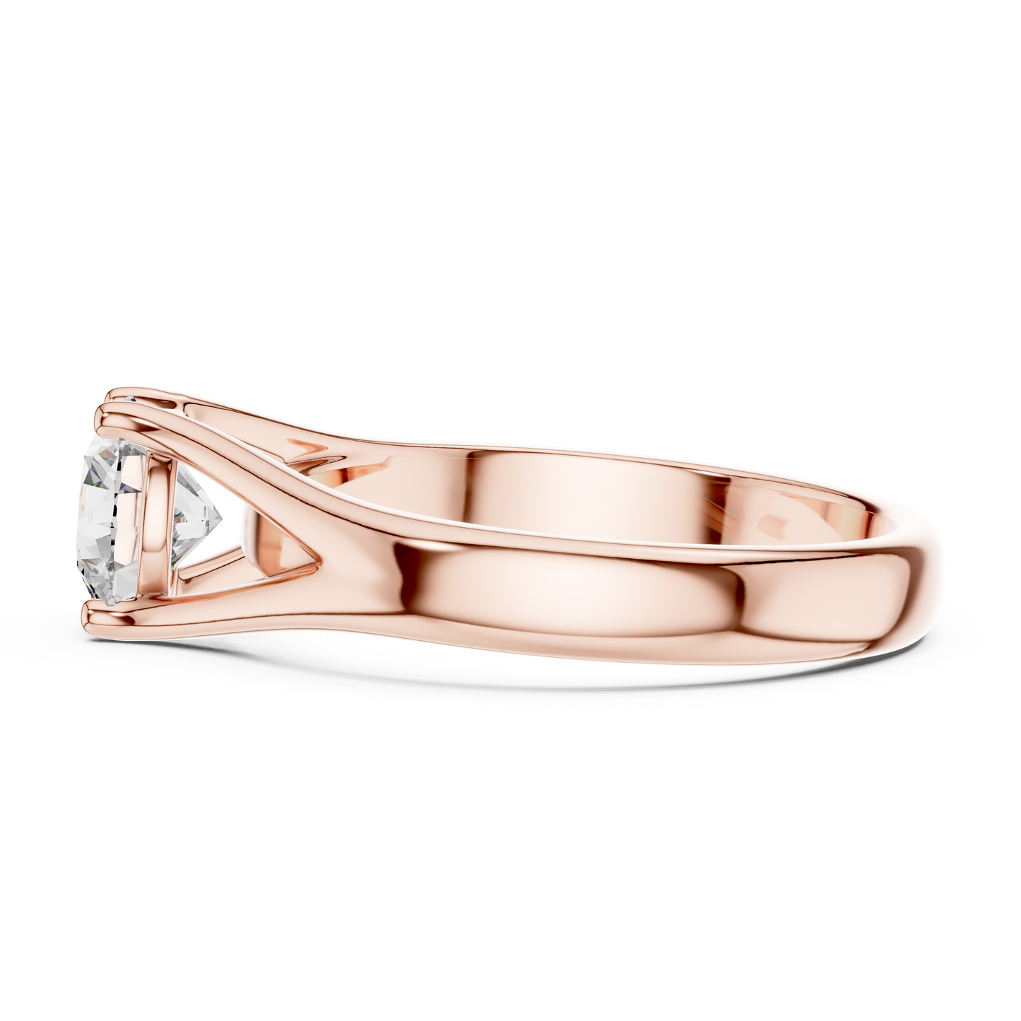 Round cut lab grown diamond solitaire engagement ring in rose gold with modern split cathedral setting