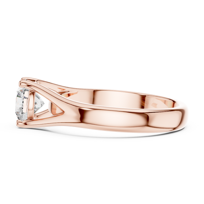 Round cut lab grown diamond solitaire engagement ring in rose gold with modern split cathedral setting