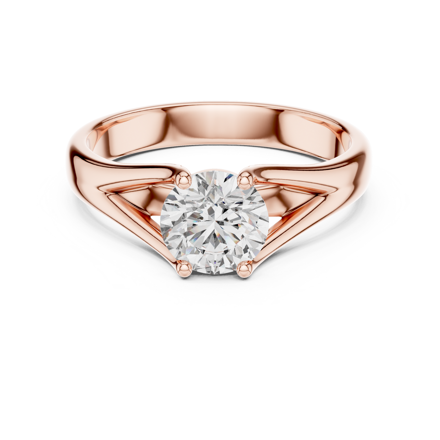 Round cut lab grown diamond solitaire engagement ring in rose gold with modern split cathedral setting