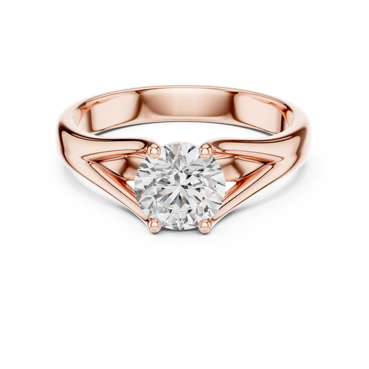 Round cut lab grown diamond solitaire engagement ring in rose gold with modern split cathedral setting
