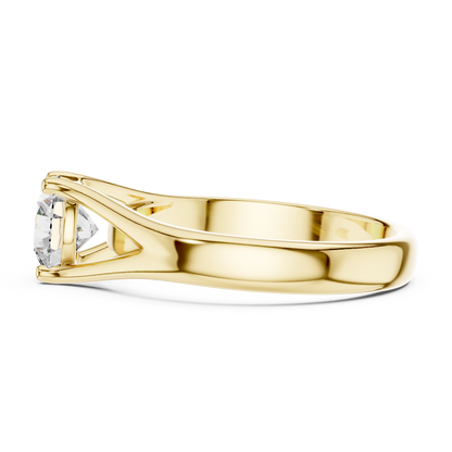 Round cut lab grown diamond solitaire engagement ring in rose gold with modern split cathedral setting