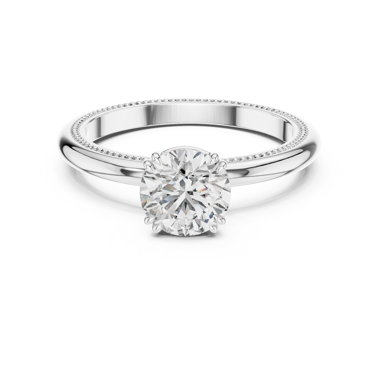 Round Solitaire Lab Grown Diamond Ring with Milgrain Band