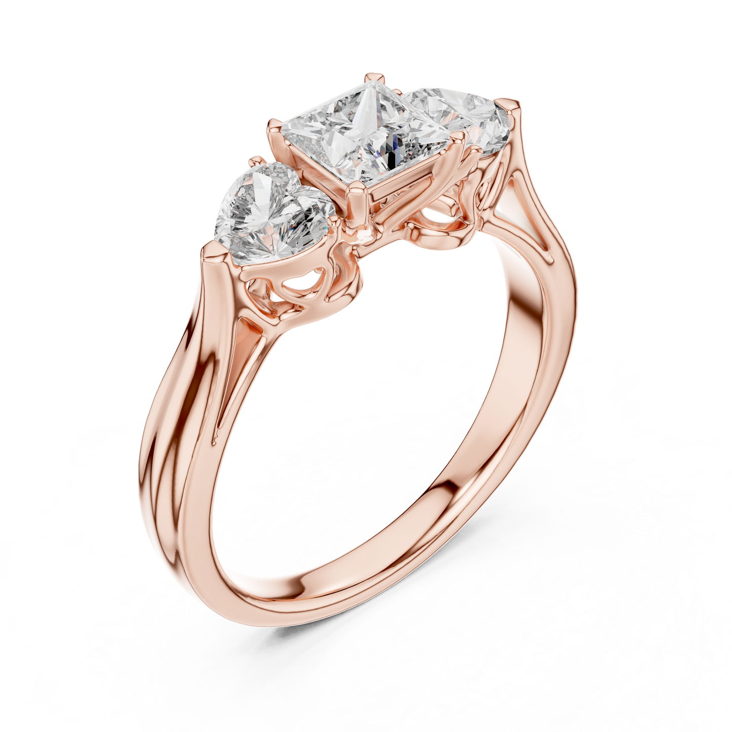 Luxury Gold Three Stone Ring | Princess-Cut Diamond with Heart Side Stones
