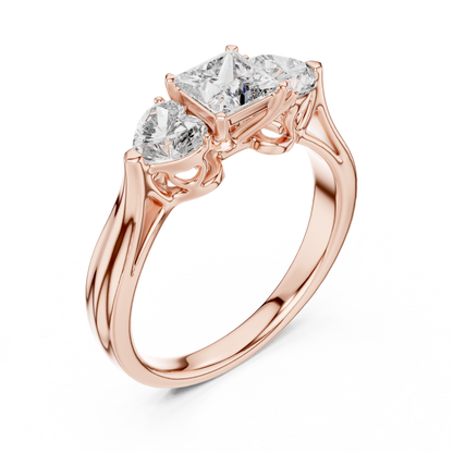 Luxury Gold Three Stone Ring | Princess-Cut Diamond with Heart Side Stones