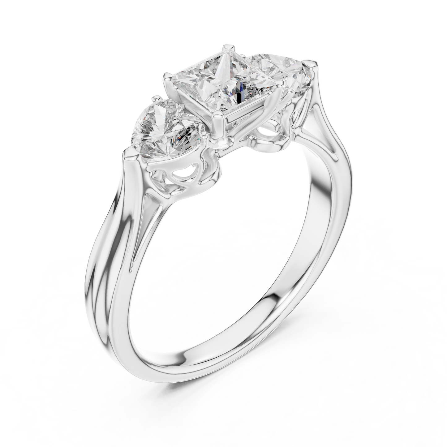 Luxury Gold Three Stone Ring | Princess-Cut Diamond with Heart Side Stones