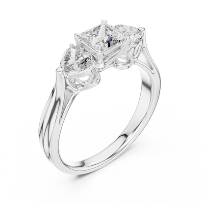 Luxury Gold Three Stone Ring | Princess-Cut Diamond with Heart Side Stones