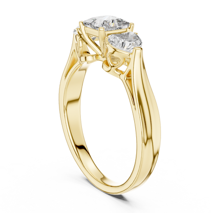 Luxury Gold Three Stone Ring | Princess-Cut Diamond with Heart Side Stones