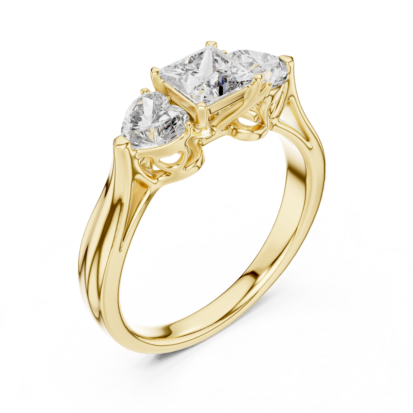 Luxury Gold Three Stone Ring | Princess-Cut Diamond with Heart Side Stones