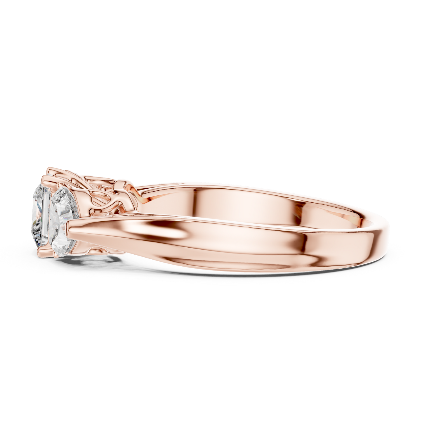 Luxury Gold Three Stone Ring | Princess-Cut Diamond with Heart Side Stones