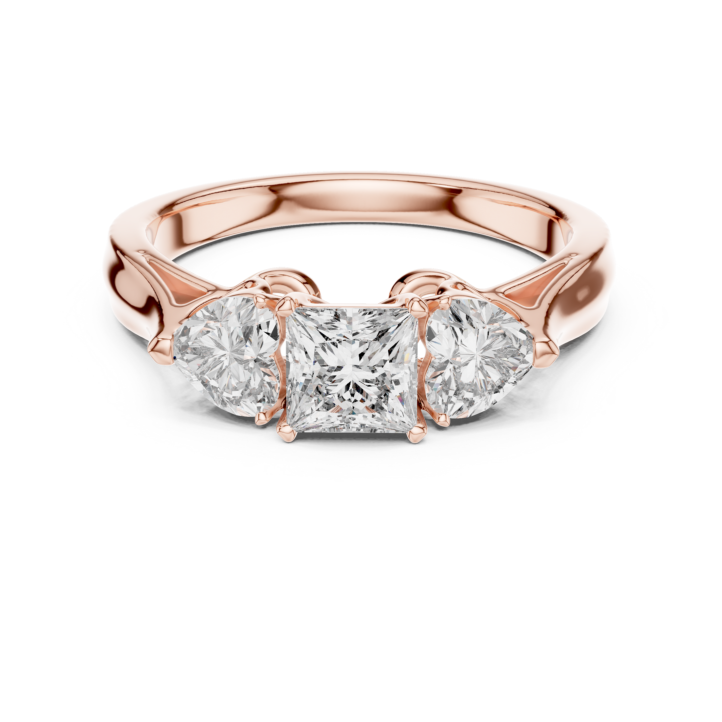 Luxury Gold Three Stone Ring | Princess-Cut Diamond with Heart Side Stones