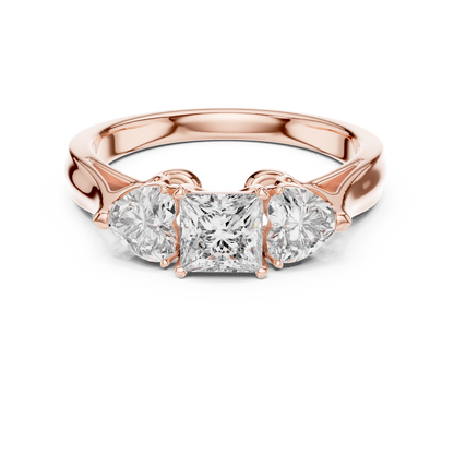 Luxury Gold Three Stone Ring | Princess-Cut Diamond with Heart Side Stones